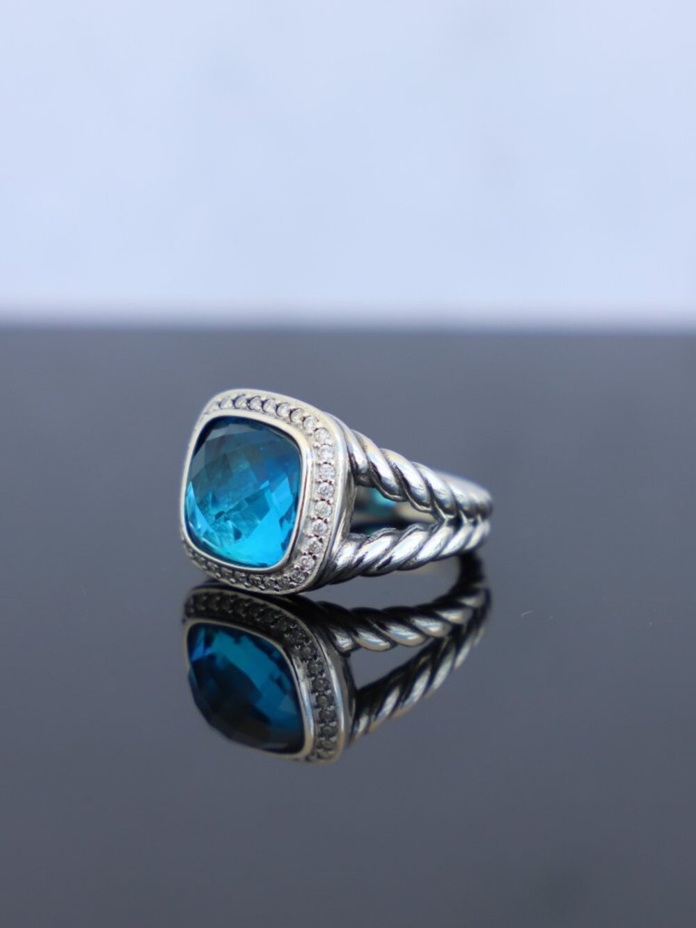 David Yurman Sterling Silver 11mm Albion Ring with Blue Topaz & Diamonds size 7 - Picture 3 of 8